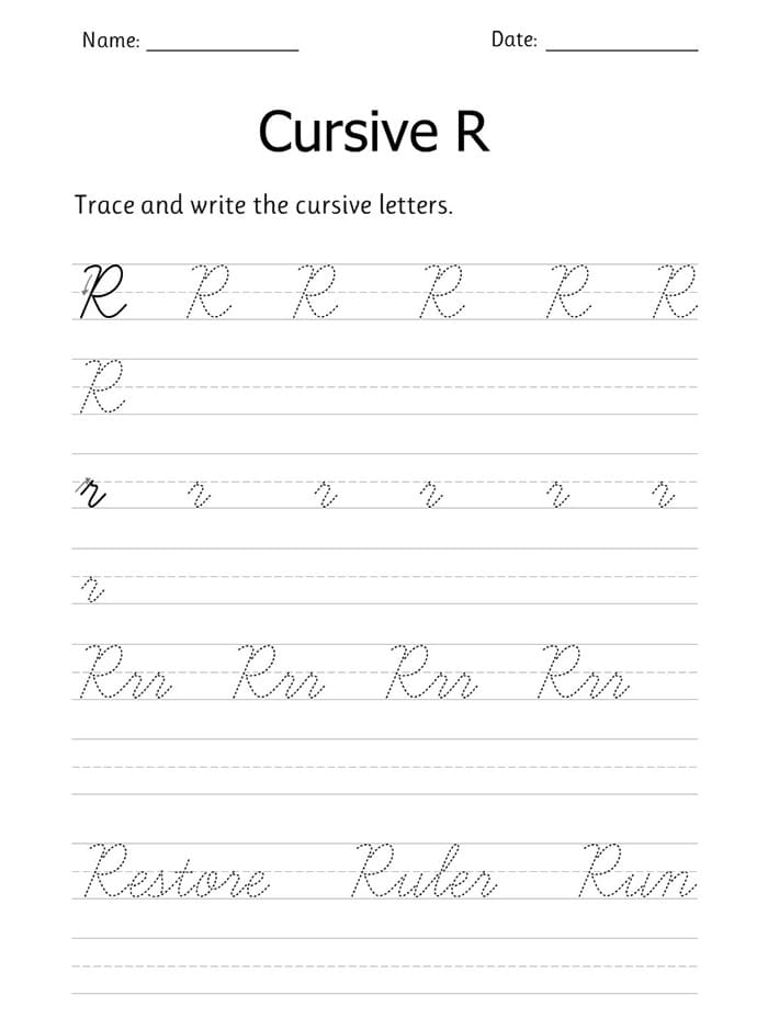 Printable Cursive Letter R Practice Worksheet