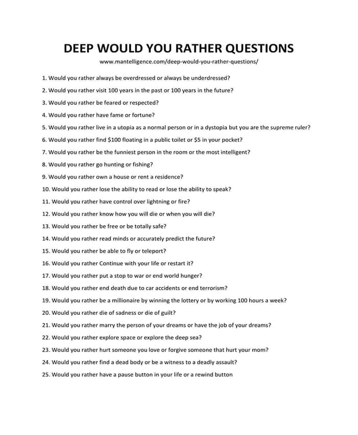 Printable Deep Would You Rather Questions