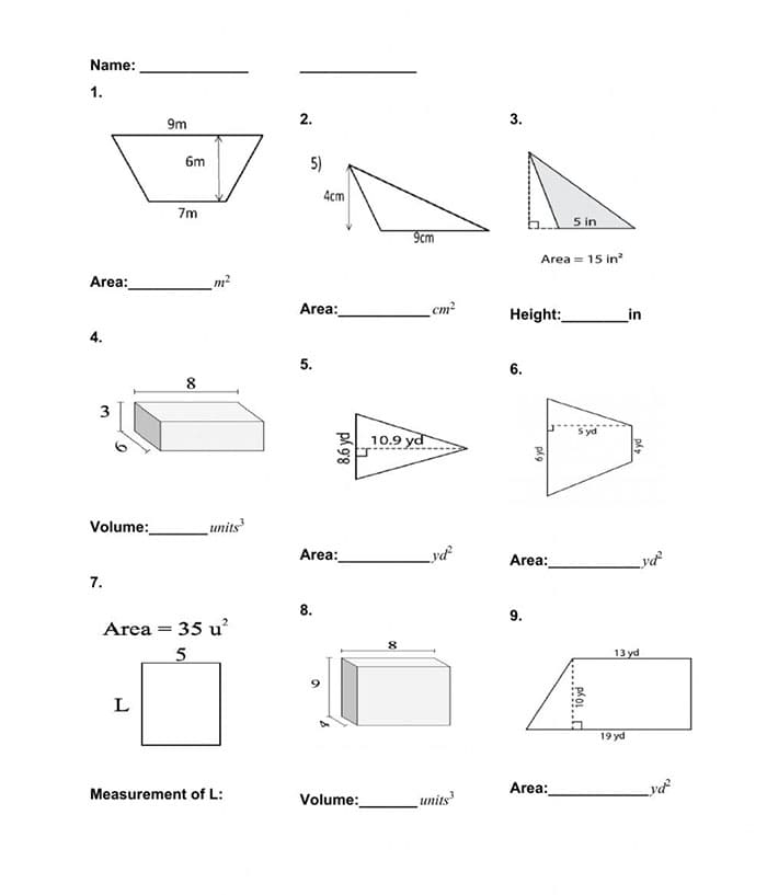 Printable Geometry Area And Volume Formulas
