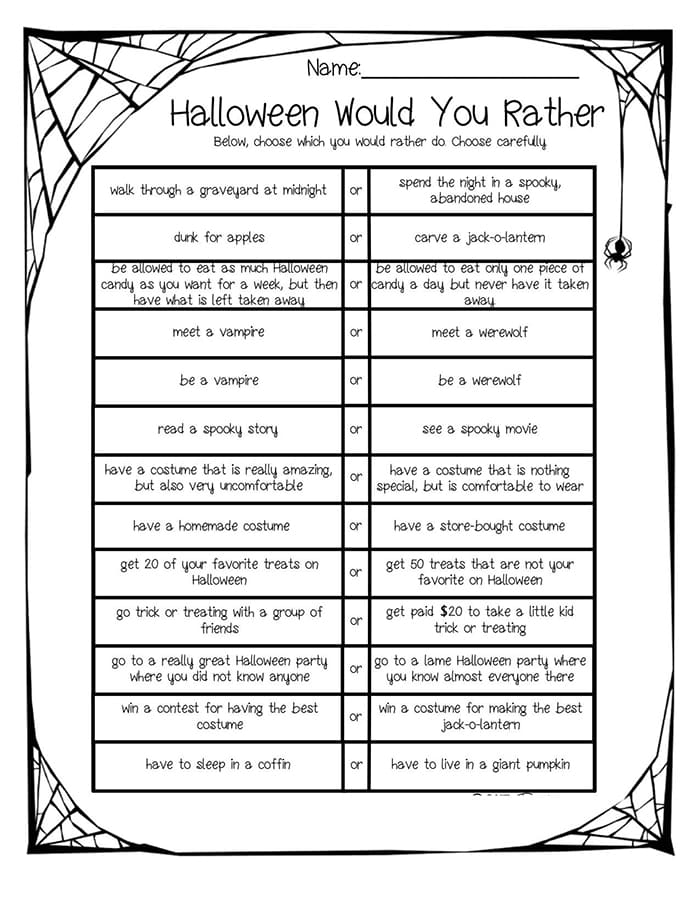 Printable Halloween Would You Rather Questions
