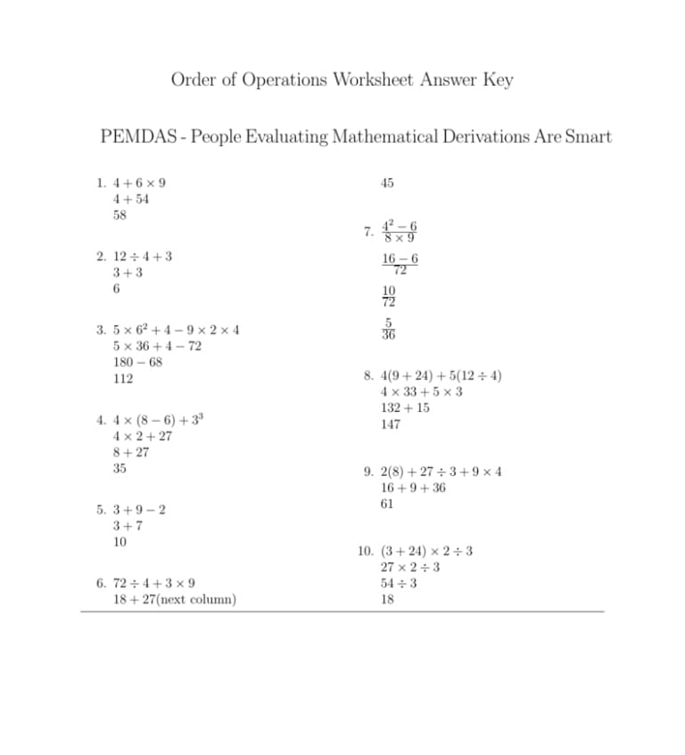 Printable Order Of Operations Answer Key