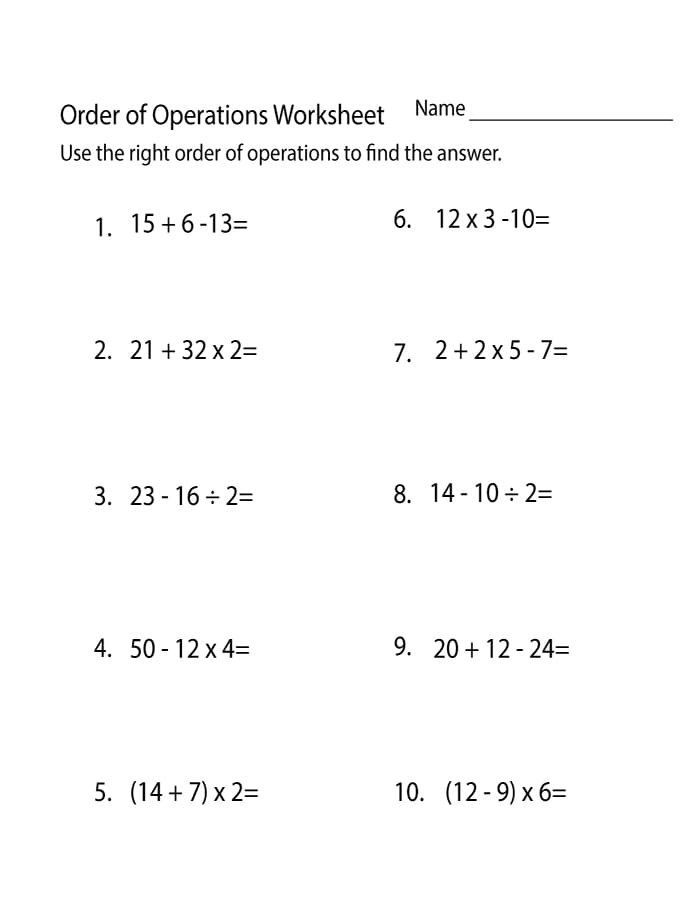 Printable Order Of Operations Basic Worksheet