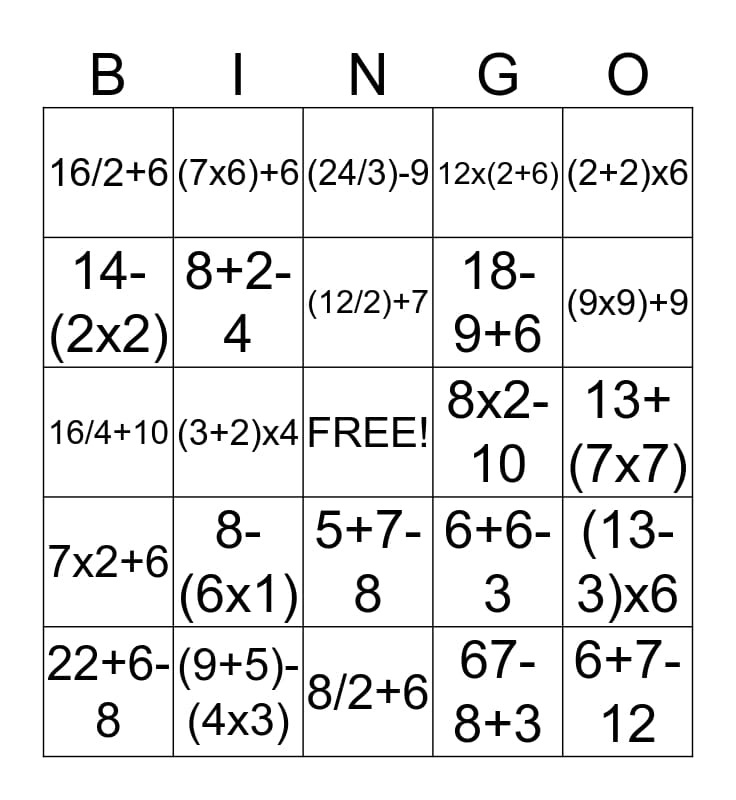 Printable Order Of Operations Bingo