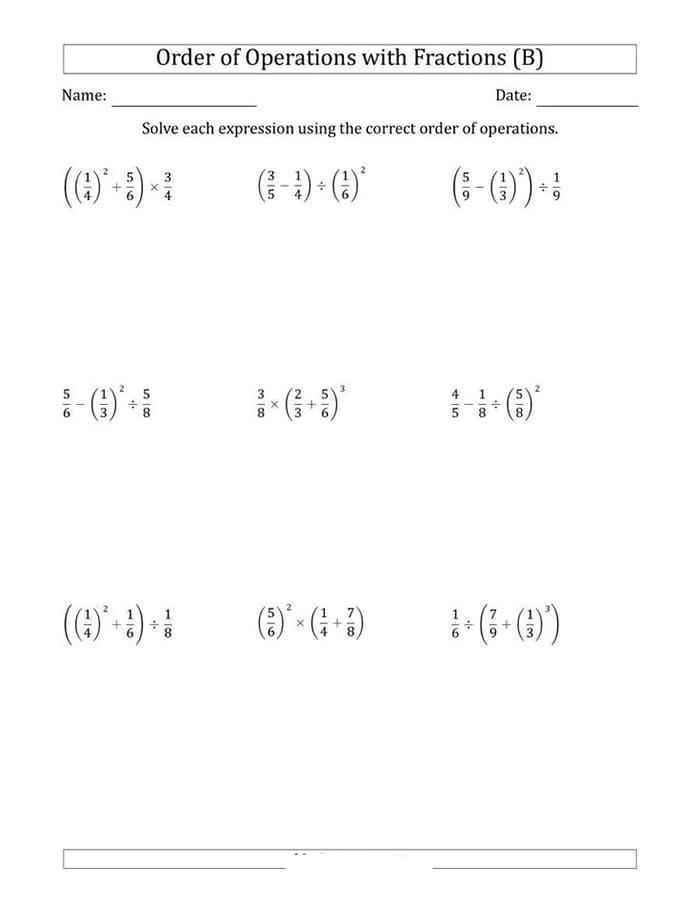 Printable Order Of Operations Fractions