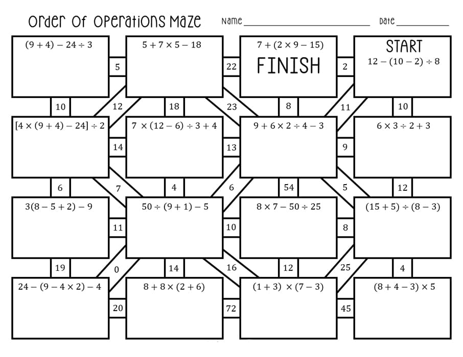 Printable Order Of Operations Maze