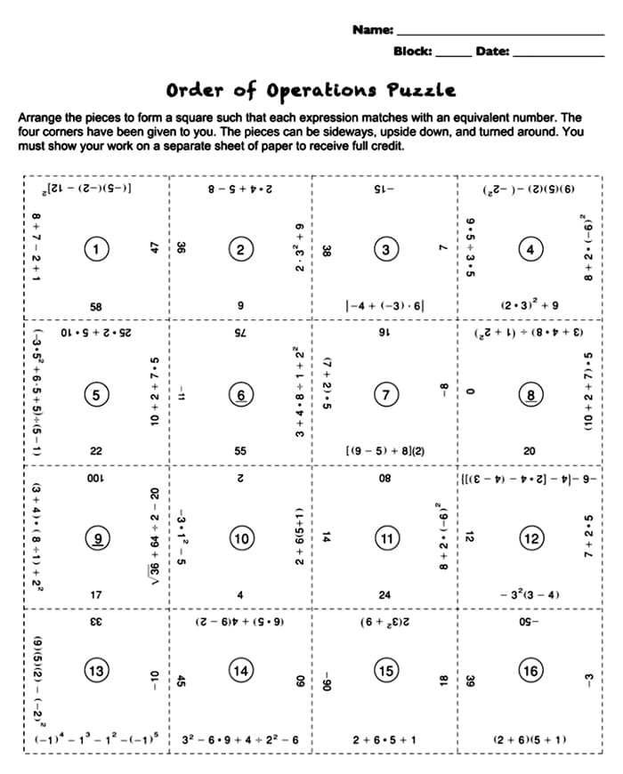 Printable Order Of Operations Puzzle