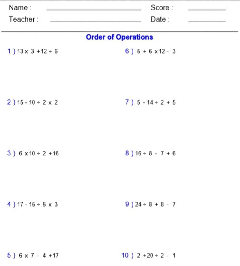 Printable Order Of Operations Worksheet