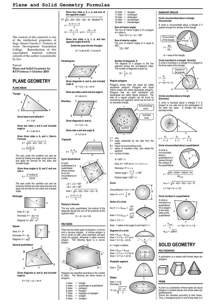 Printable Plane And Solid Geometry Formulas