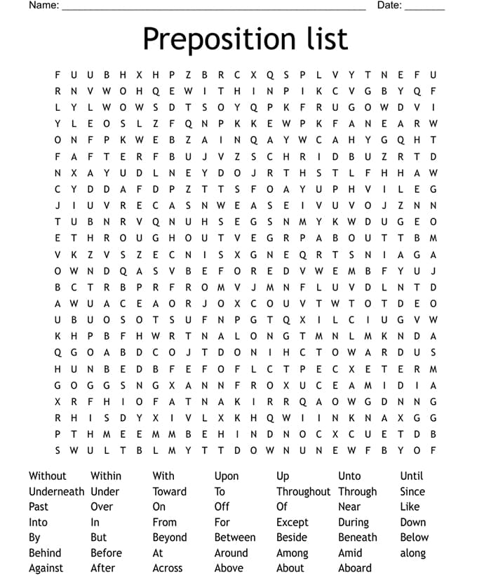 Printable Prepositions List Simple