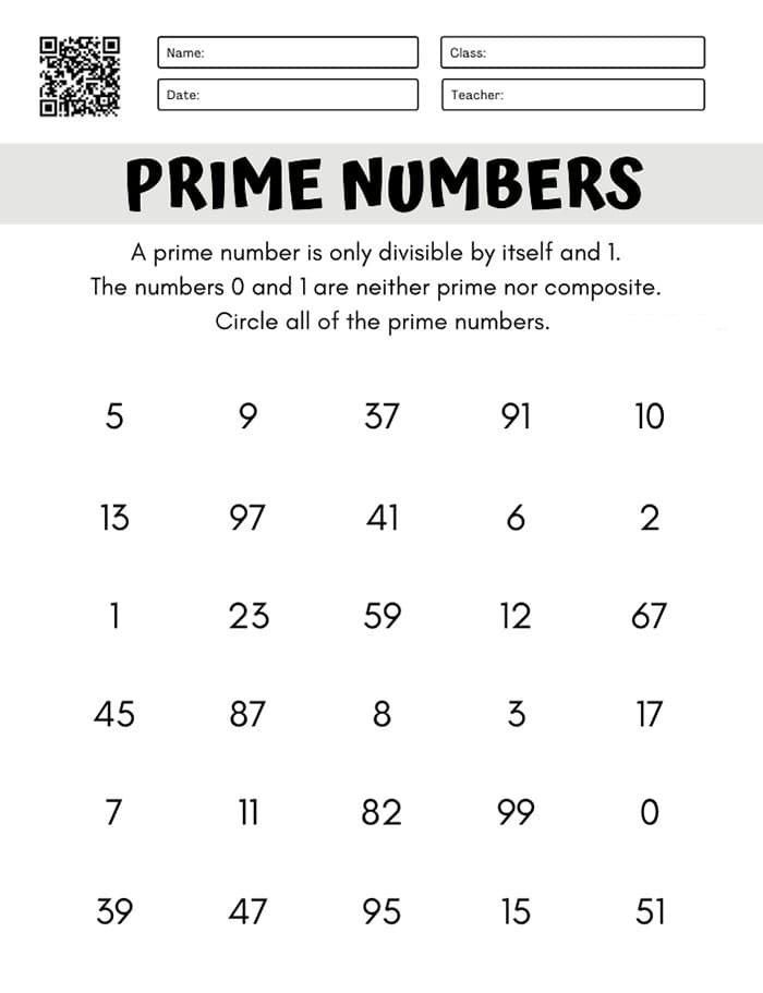 Printable Prime Numbers Worksheet