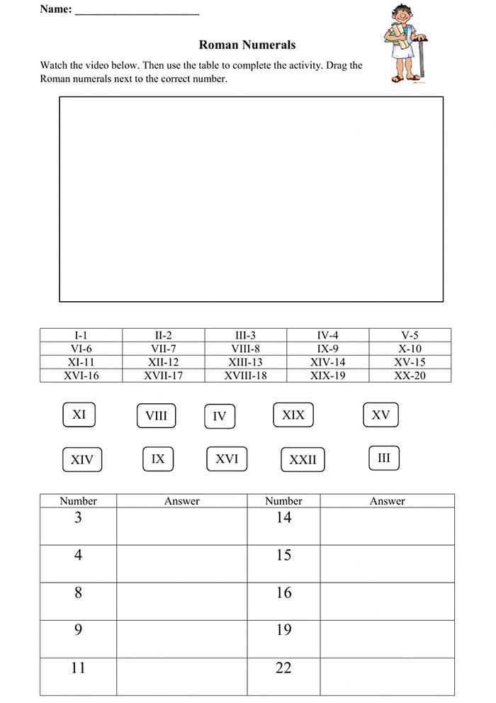 Printable Roman Numerals Worksheet
