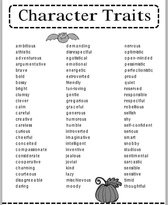 Printable Third Grade Character Traits List