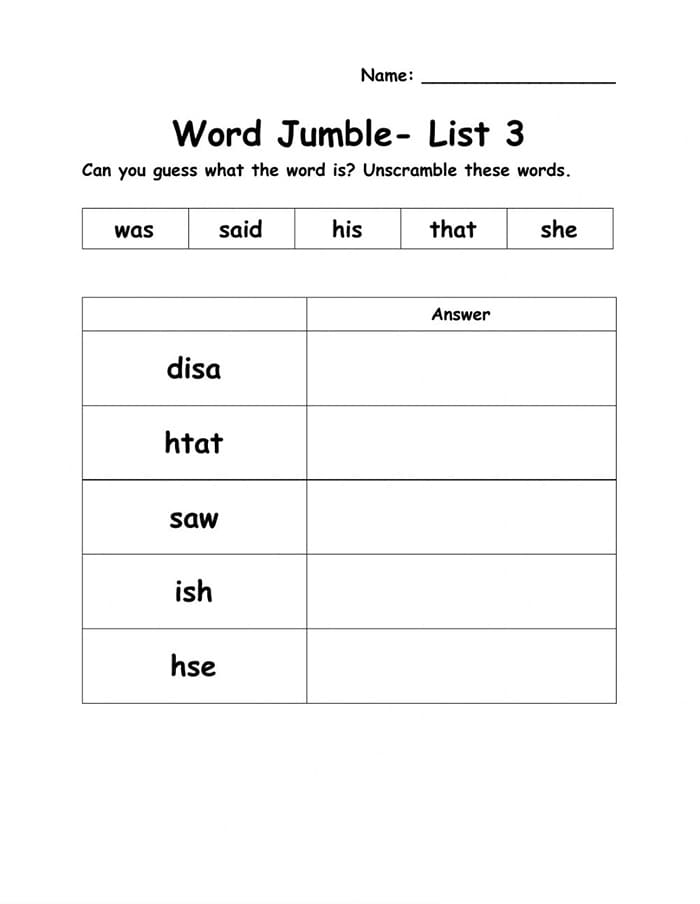 Printable Word Jumble Worksheet