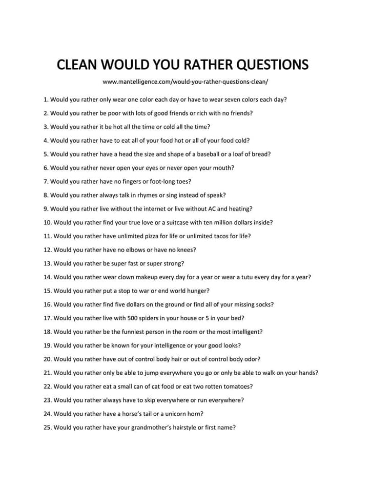 Printable Would You Rather Questions Clean