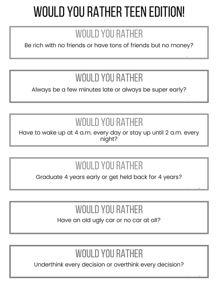 Printable Would You Rather Questions For Teens
