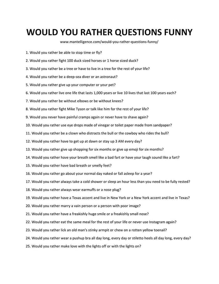 Printable Would You Rather Questions Funny