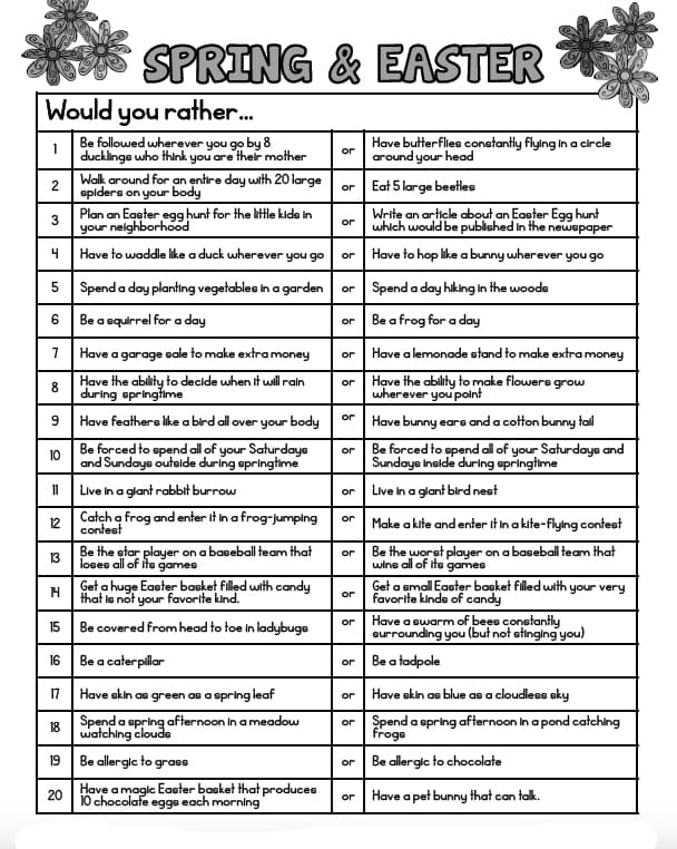 Printable Would You Rather Questions Spring