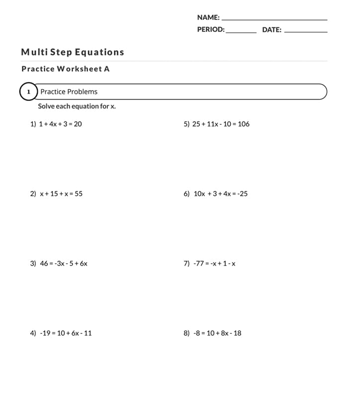 Printable Multi-Step Equation Worksheet