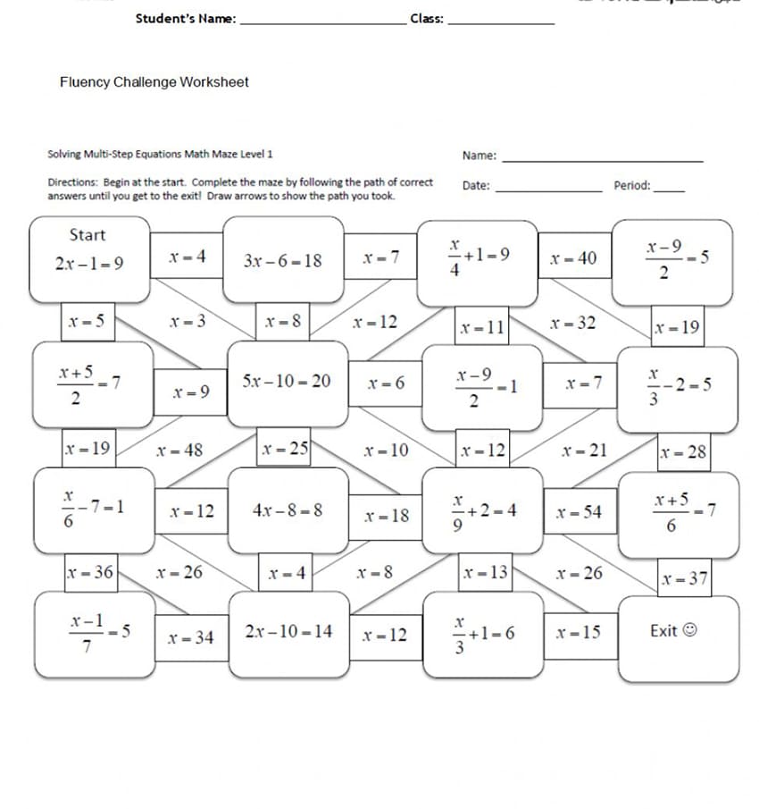 Printable Multi Step Equations Maze Worksheet Answers