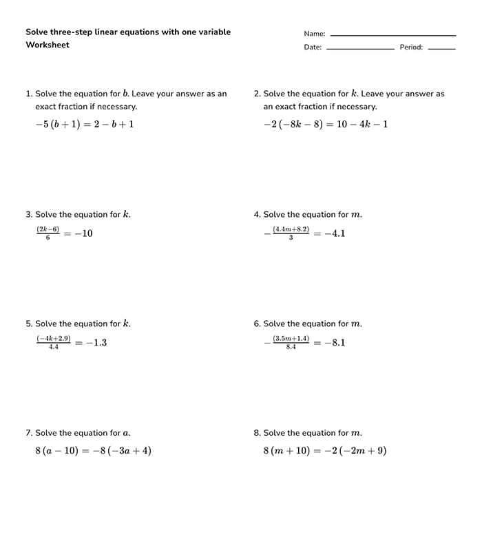 Printable Multi Step Equations Worksheet Algebra