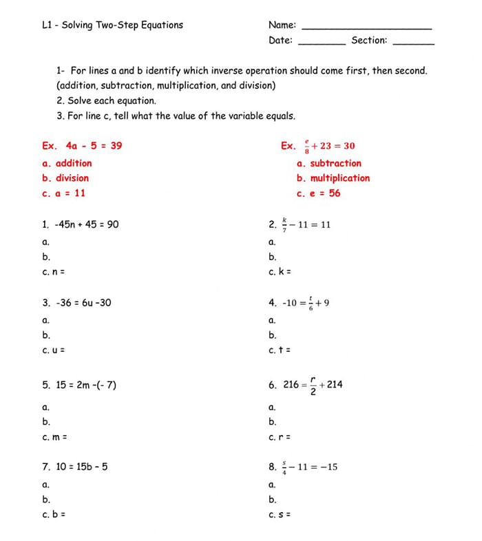 Printable Multi Step Math Equations Worksheets