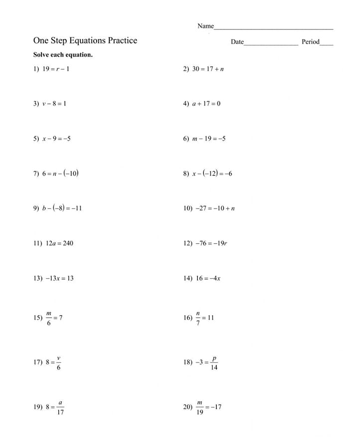 Printable One Step Equation Practice Worksheet