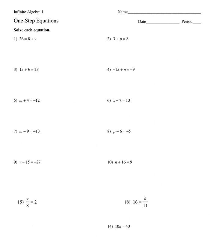 Printable One Step Equation Solving Worksheet