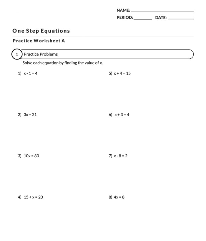 Printable One Step Equation Worksheet Practice