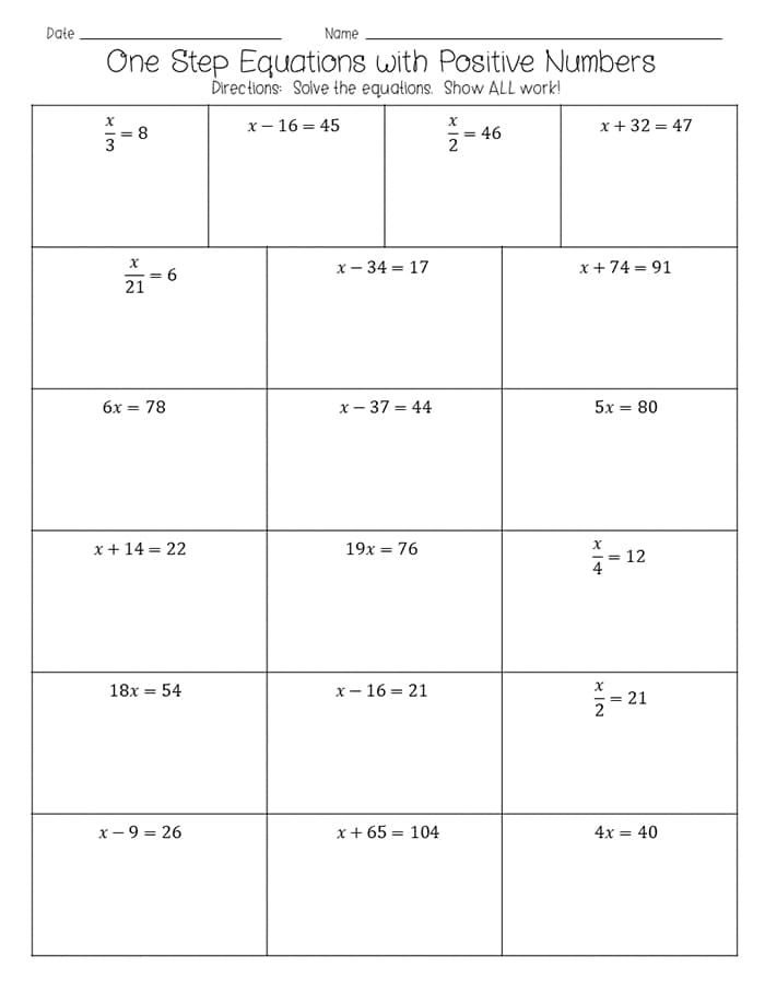 Printable One Step Equation Worksheet Quiz