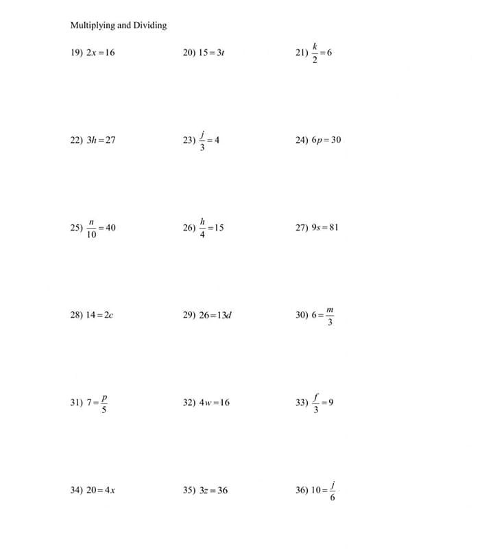Printable One Step Equation Worksheets Free