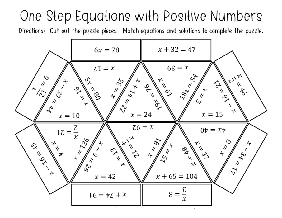 Printable One Step Equations Positive Integers Worksheet