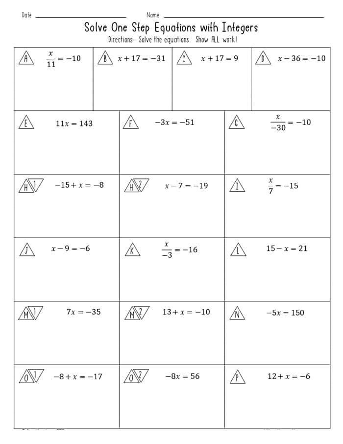 Printable One Step Equations Worksheet Integers