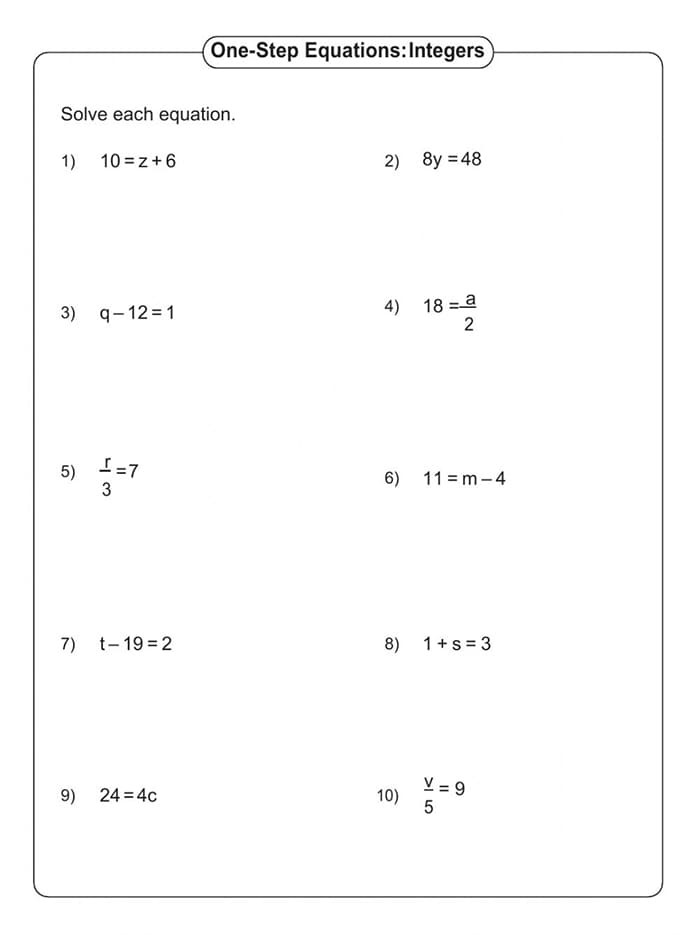 Printable One Step Equations Worksheet With Integers