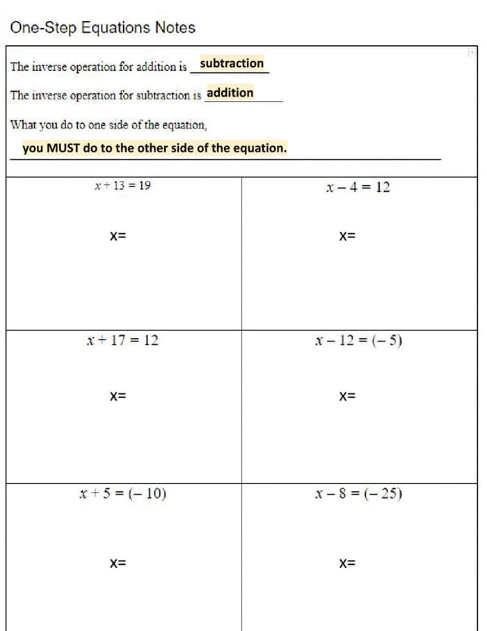 Printable One Step Equations Worksheet With Notes