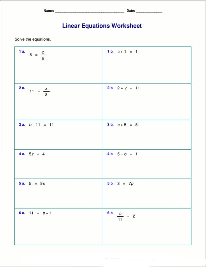 Printable One Step Linear Equation Worksheet