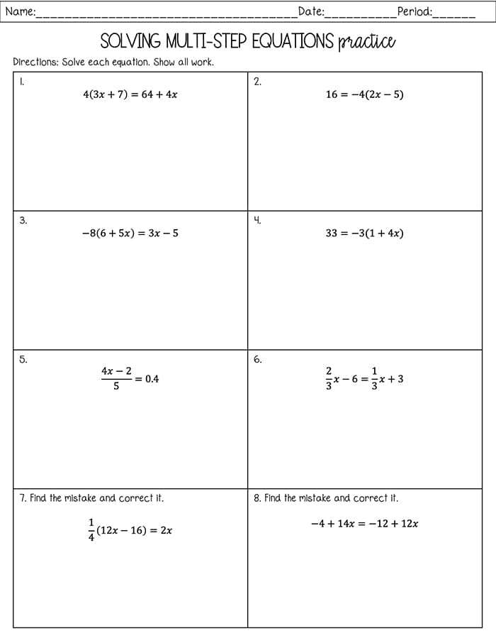 Printable Solving Multi-Step Equation Worksheet