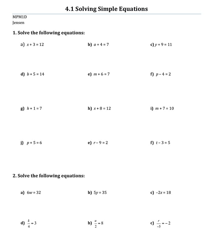 Printable Solving One Step Equation Worksheet