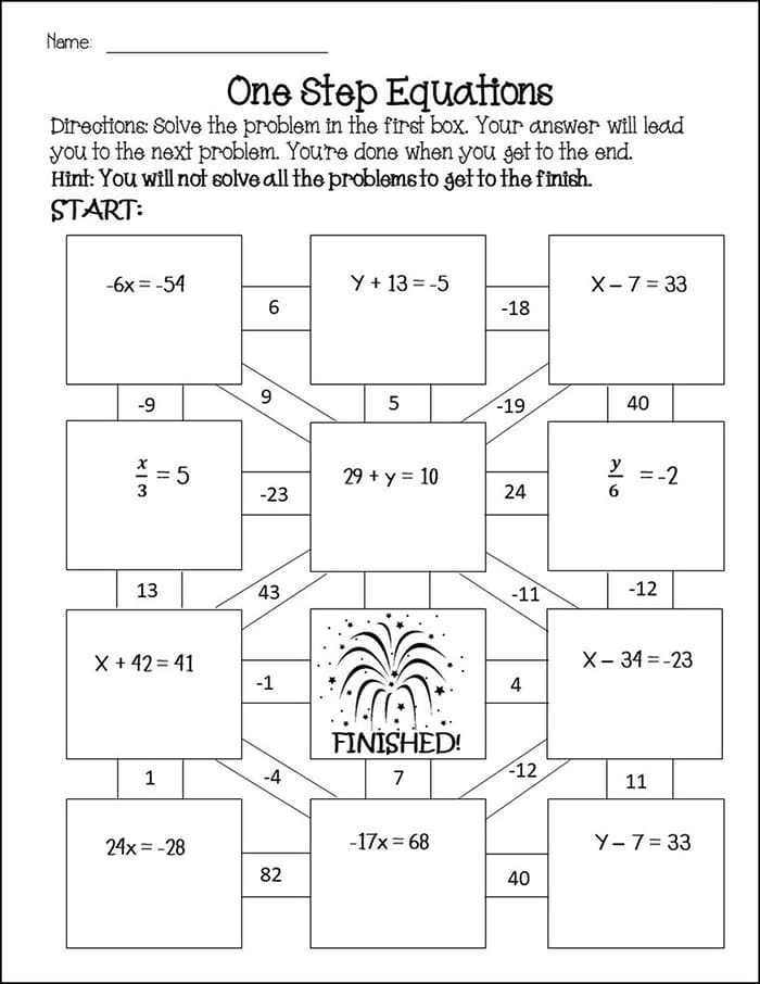 Printble One Step Equation Maze Worksheet
