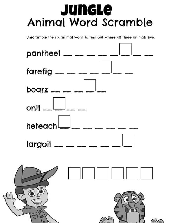 Printable Animal Word Scramble Jungle