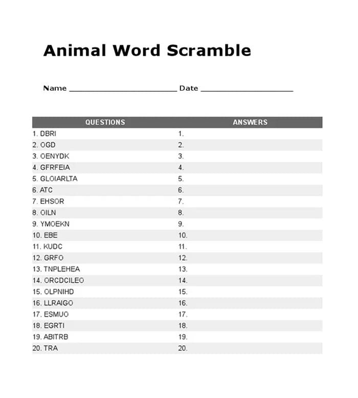Printable Animal Word Scramble Questions