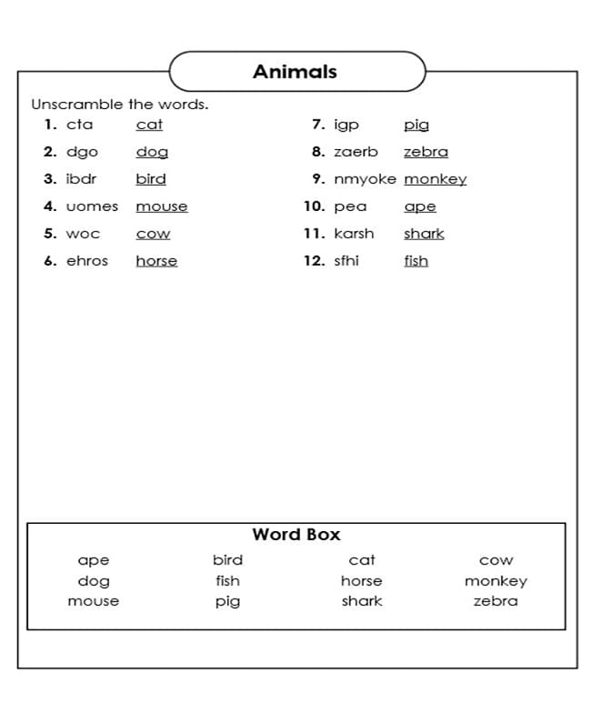 Printable Animal Word Scramble With Answers