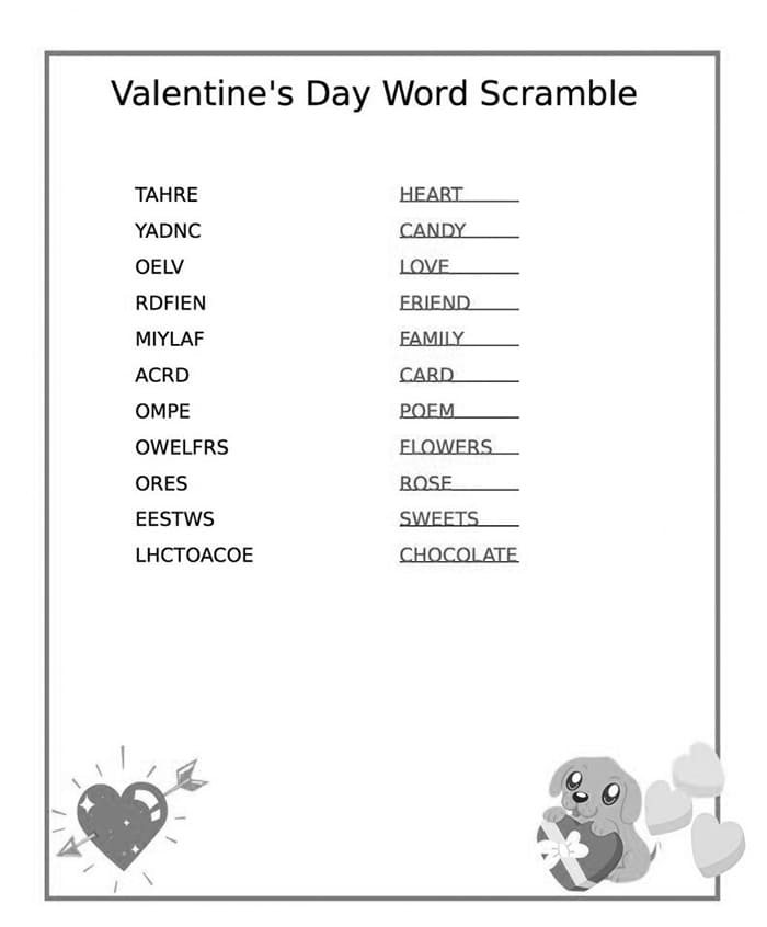 Printable Answers To Valentine Word Scramble