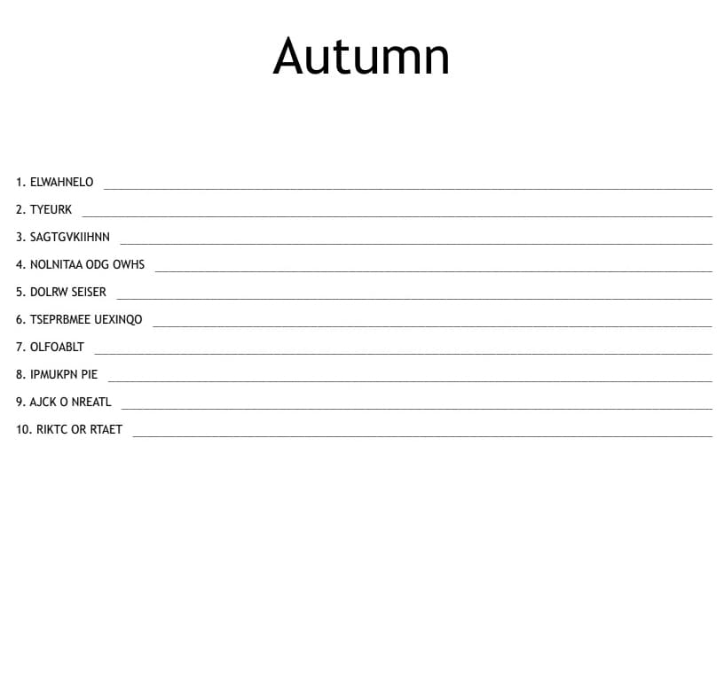 Printable Autumn Word Scramble Answer Key