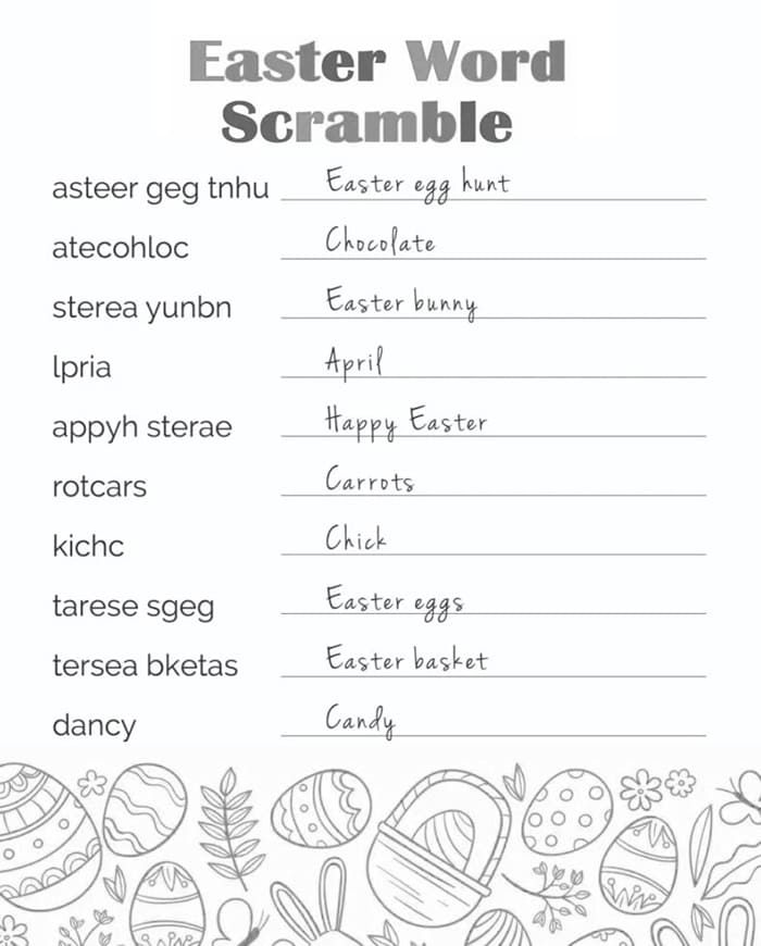Printable Easter Word Scramble And Answers