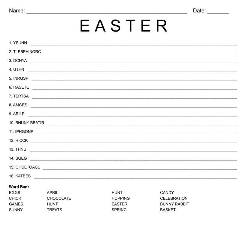 Printable Easter Word Scramble Answer Key