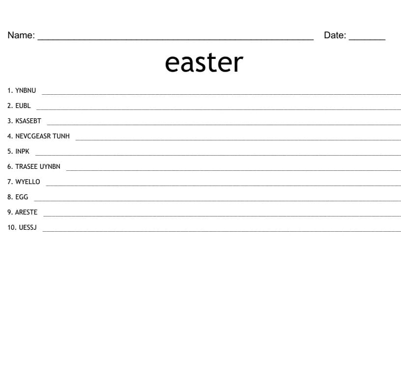 Printable Easter Word Scramble Name