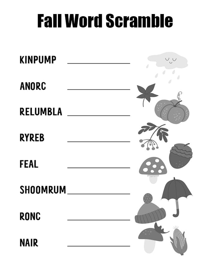 Printable Easy Fall Word Scramble