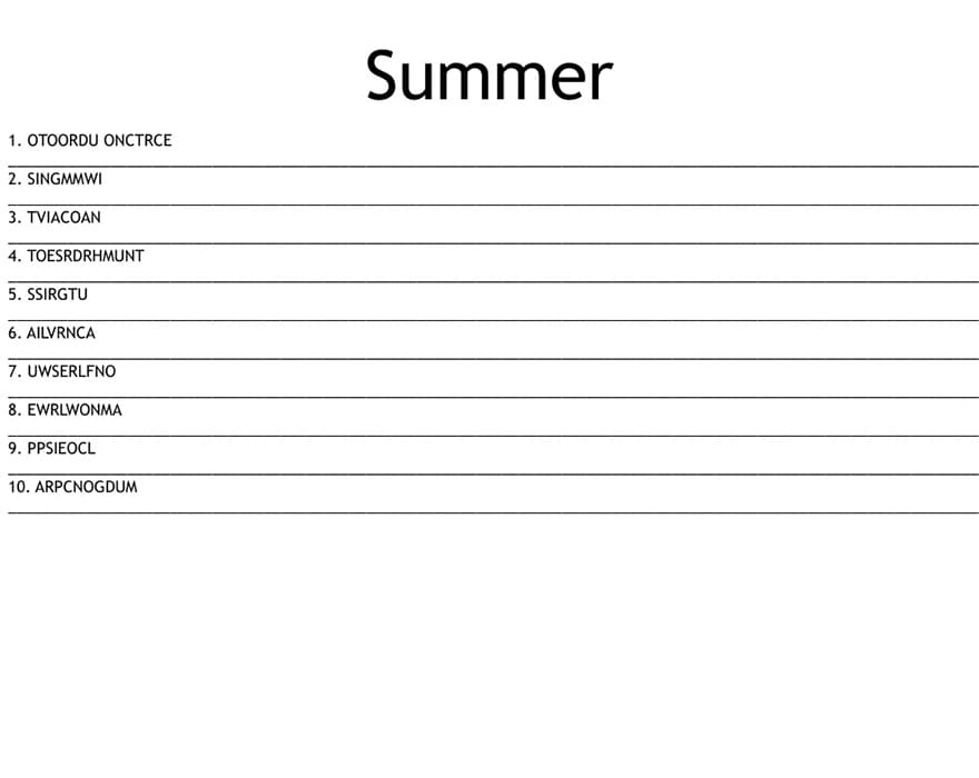 Printable Easy Summer Word Scramble
