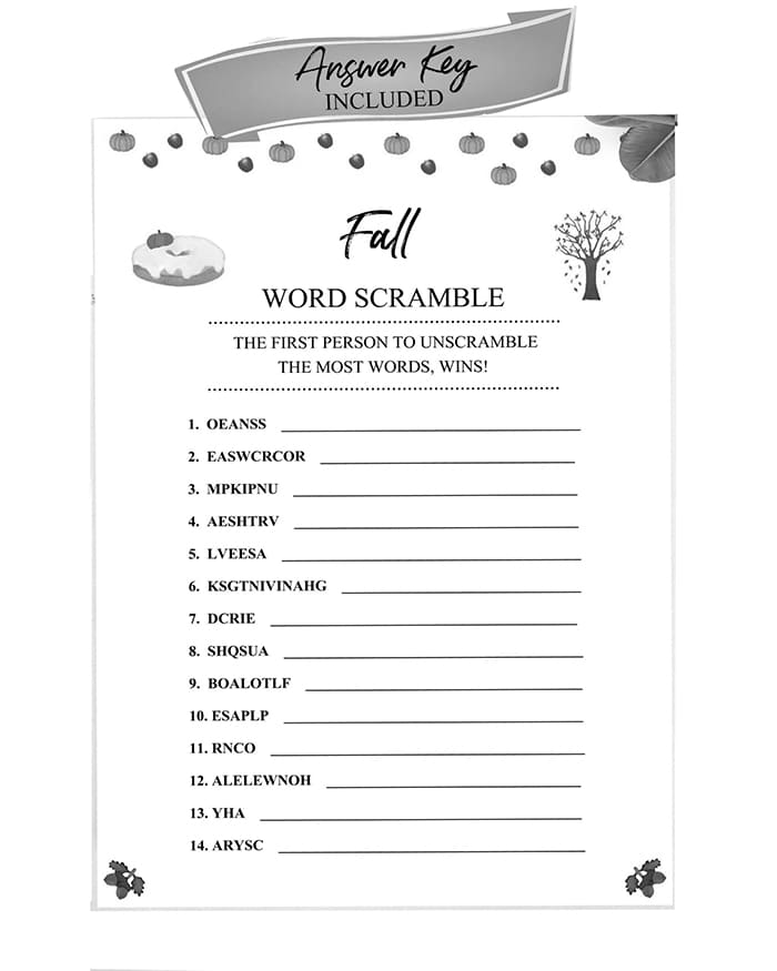 Printable Fall Word Scramble Answer Key