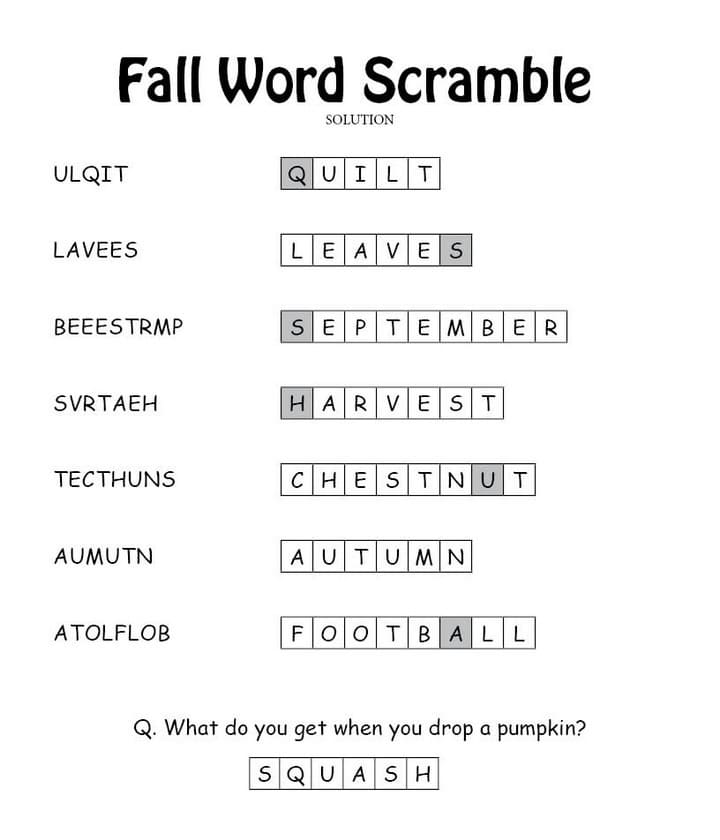 Printable Fall Word Scramble Answers